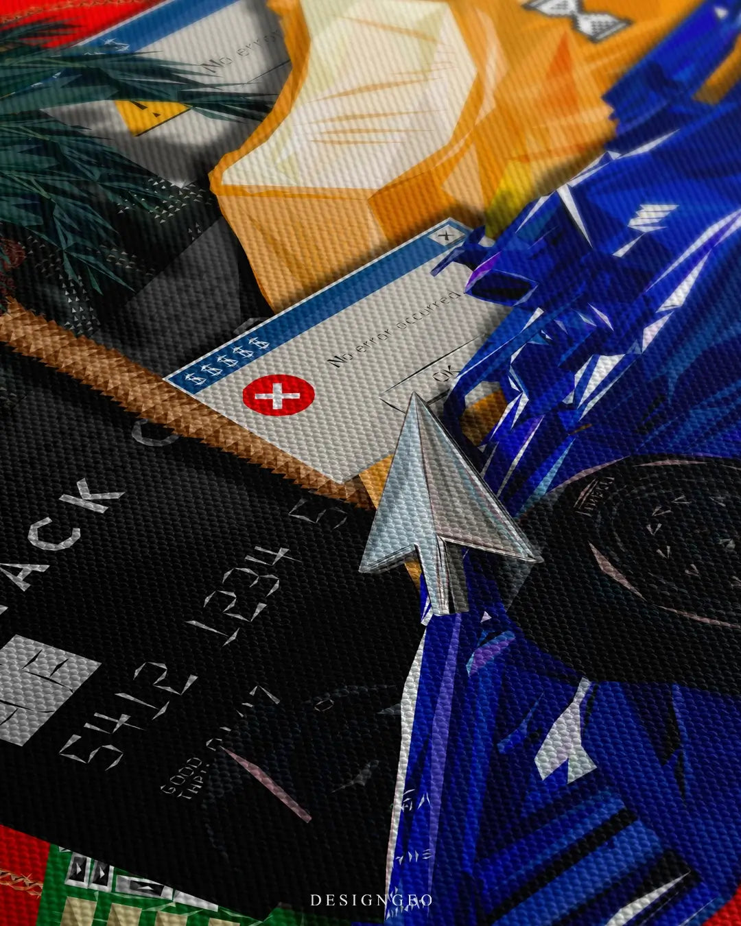 Close-up of Web3 wall art featuring a collection of diverse digital asset icons and blockchain symbols on a vibrant deep red background