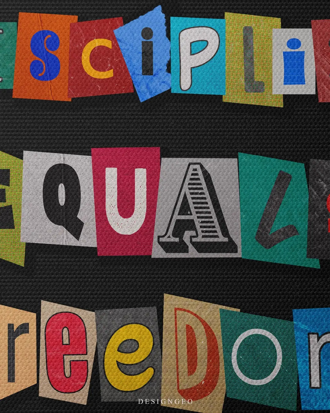 Inspirational typography illustration on canvas with the bold message "Discipline Equals Freedom" using a dynamic multi-color font against a solid black backdrop