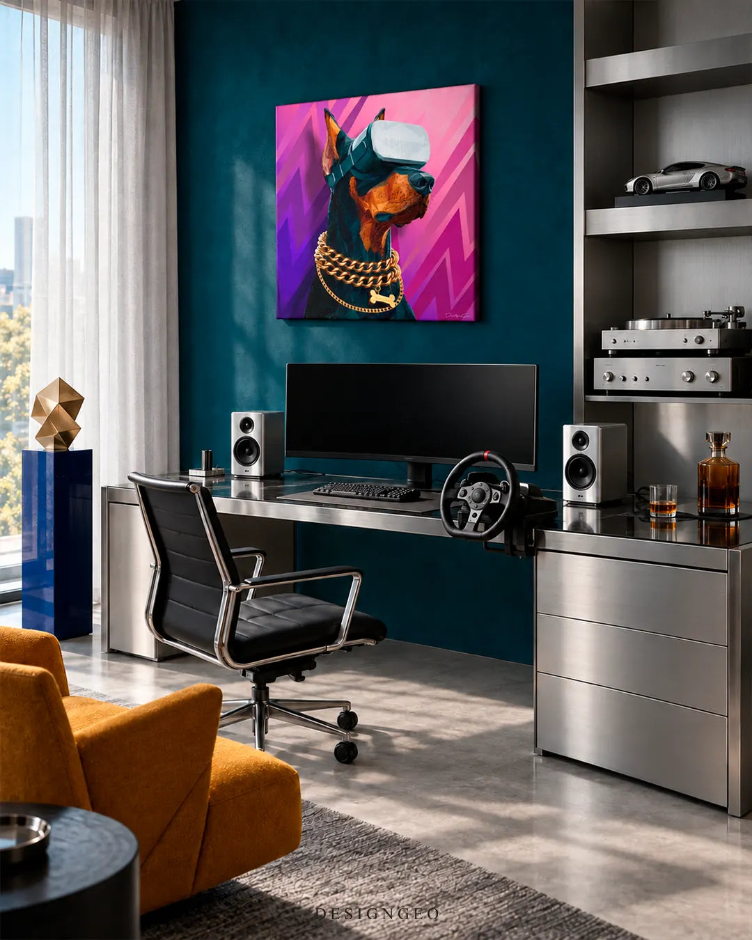 Square canvas print of a Doberman wearing VR goggles and a gold chain mounted on a dark blue wall in a modern office above a stainless steel desk