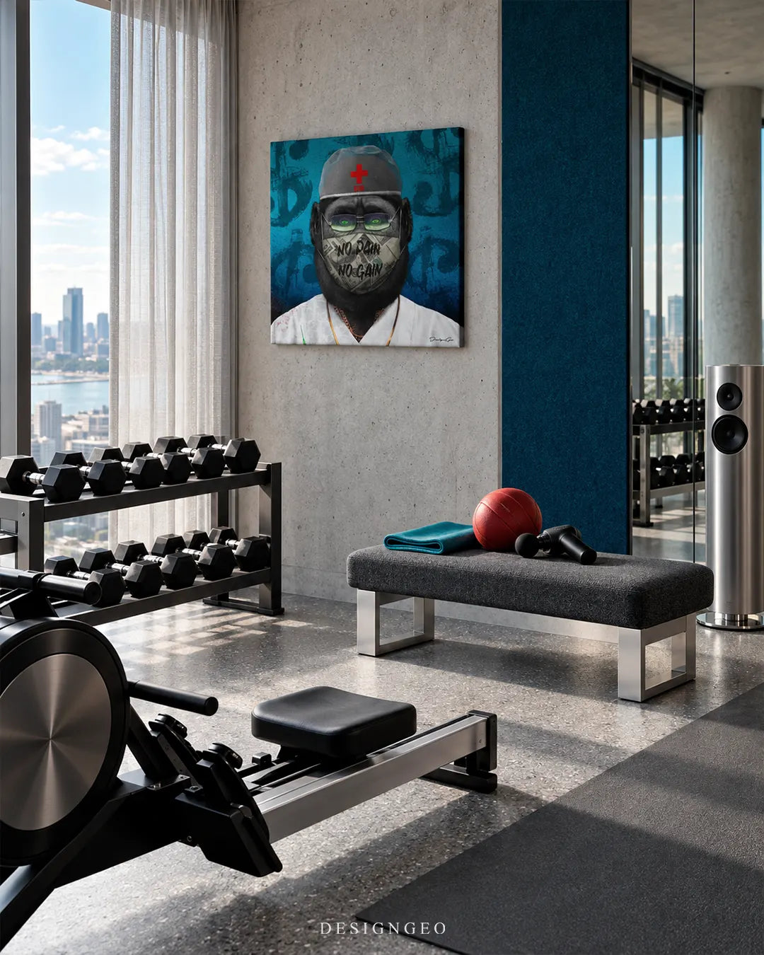 Square canvas print featuring a gorilla doctor wearing a NO PAIN NO GAIN mask mounted on a concrete wall in a modern luxury home gym next to workout equipment