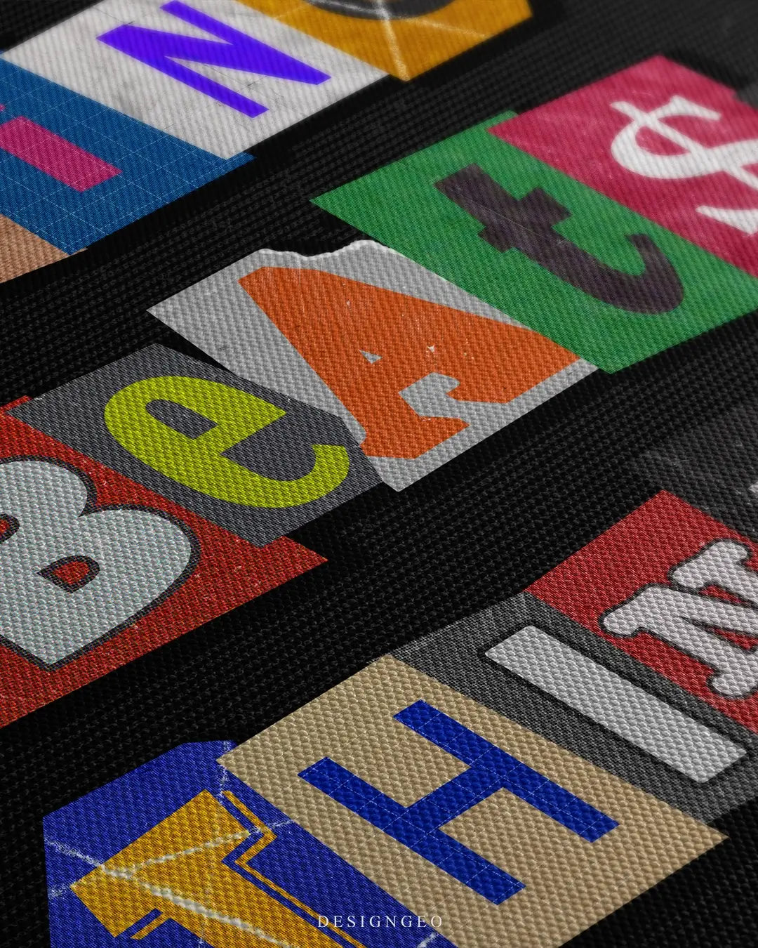 Close-up side view of a canvas wall art with the quote DOING BEATS THINKING, showing the high-quality inks on a textured canvas.