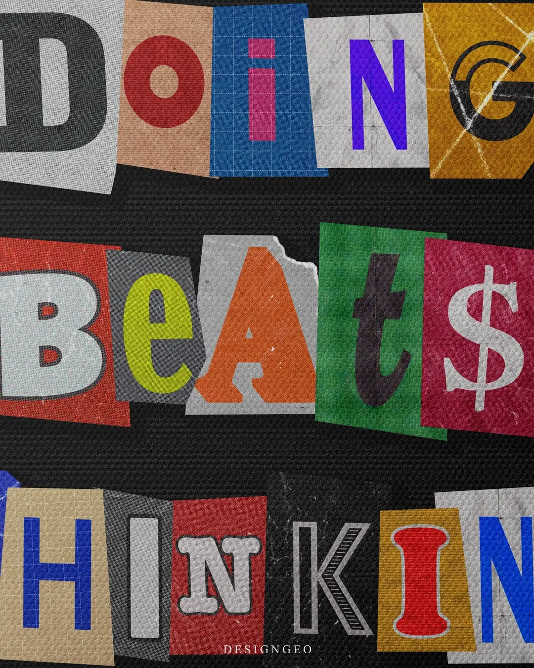 Detailed frontal shot of a motivational canvas print featuring the phrase DOING BEATS THINKING in bold colorful sans-serif typography on a black background.