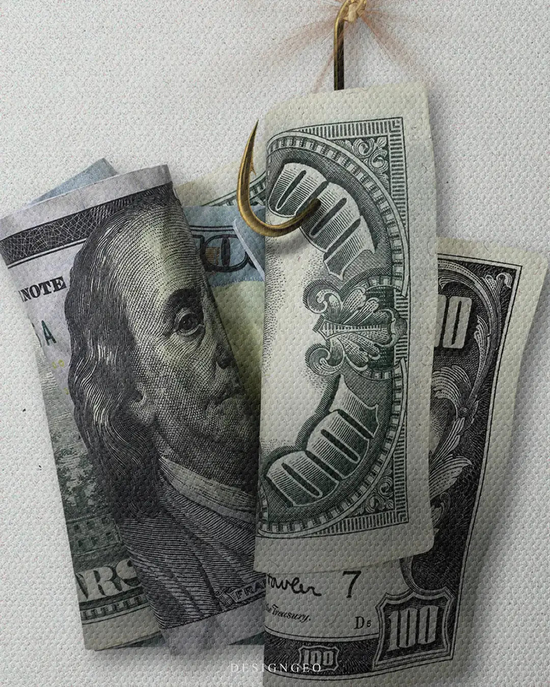 Detailed view of the "Dollar Bait" art, showcasing the high-definition texture of the currency and the sharp metallic finish of the hook on a premium canvas