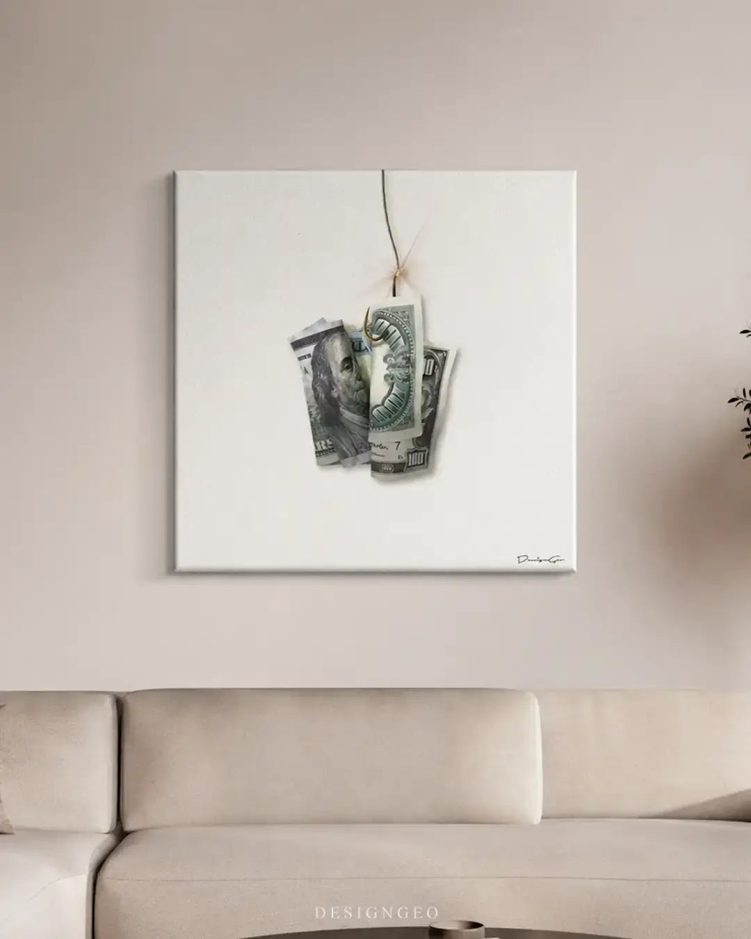 Artistic canvas composition of a dollar bill fishing bait, representing market strategy and business hunting for modern executive offices and workspaces