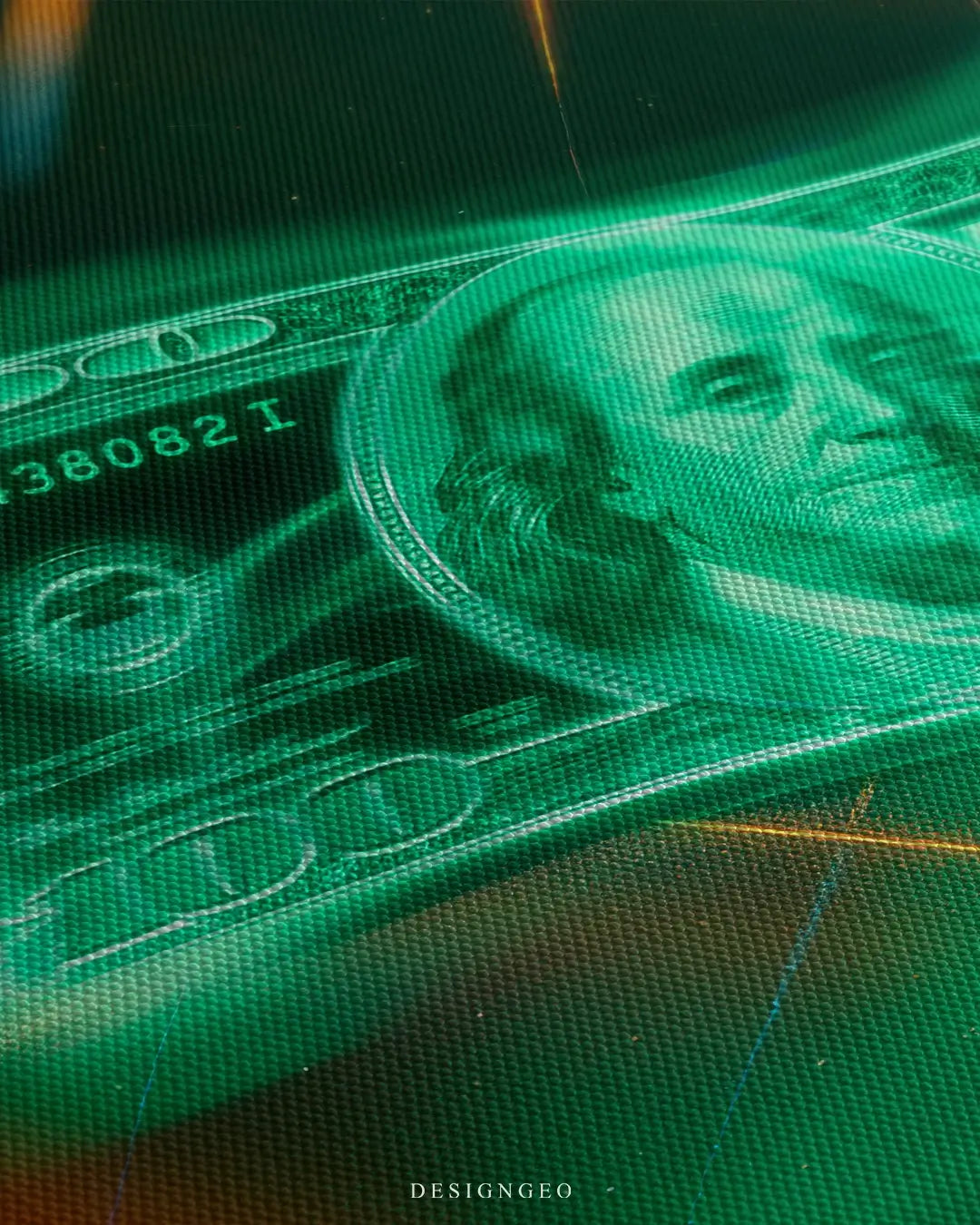 Close-up side view of a canvas wall art featuring a dollar bill traveling at warp speed through space, showing high-quality print detail and canvas texture