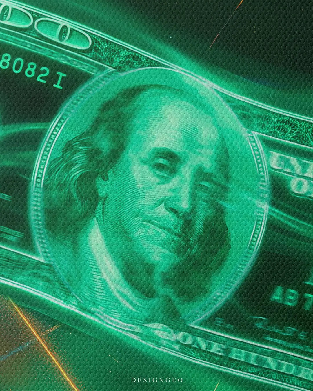 Detailed frontal shot of a green dollar bill in motion across a dark galaxy with stars and cosmic dust, printed on a professional gallery-wrapped canvas