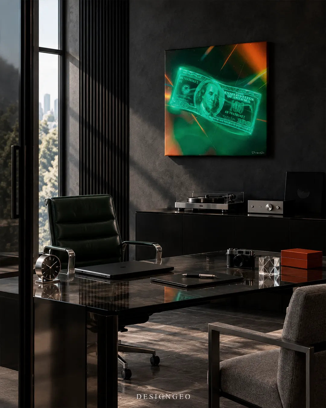 Square canvas print of a glowing neon hundred dollar bill in motion hanging on a dark textured wall in an executive office above a black marble desk