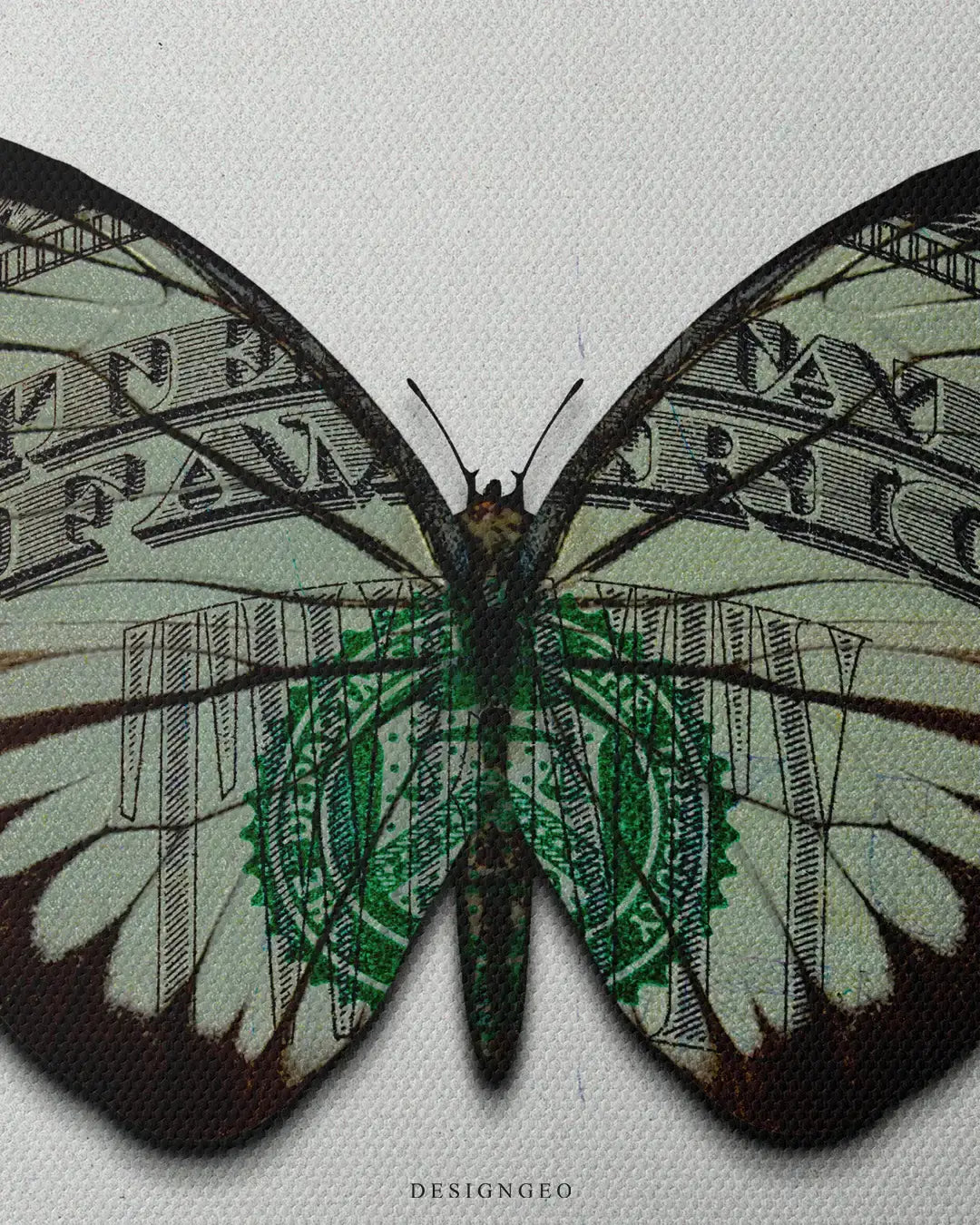 Close-up of financial pop art featuring a symmetric butterfly silhouette filled with a detailed US dollar bill pattern against a clean minimalist white background