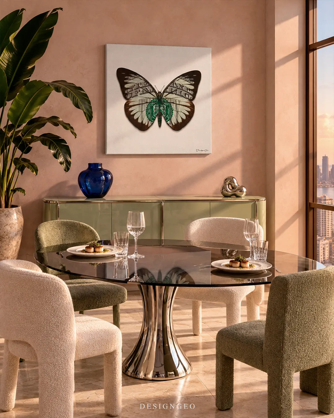 Square white canvas print featuring a butterfly with wings made of US dollar bills mounted on a dusty pink wall in an upscale dining room above a glass table