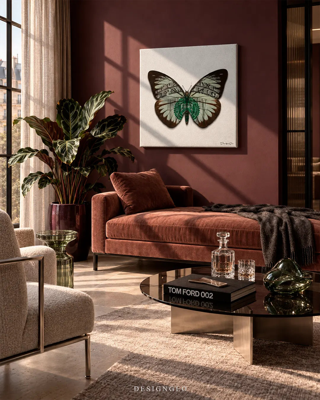 Square white canvas print showing a US dollar bill butterfly artwork hanging on a deep burgundy wall in a luxury lounge room above a velvet daybed