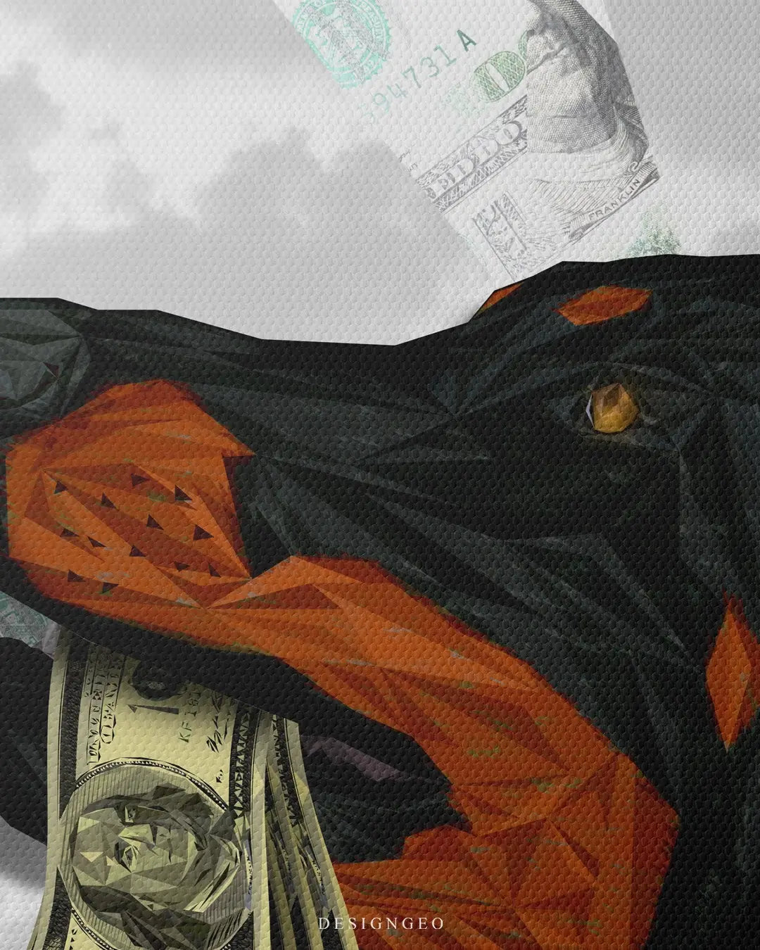 Artistic canvas illustration of a guard dog holding dollars, representing vigilance, protection of assets, and a determined entrepreneur mindset in a minimal style