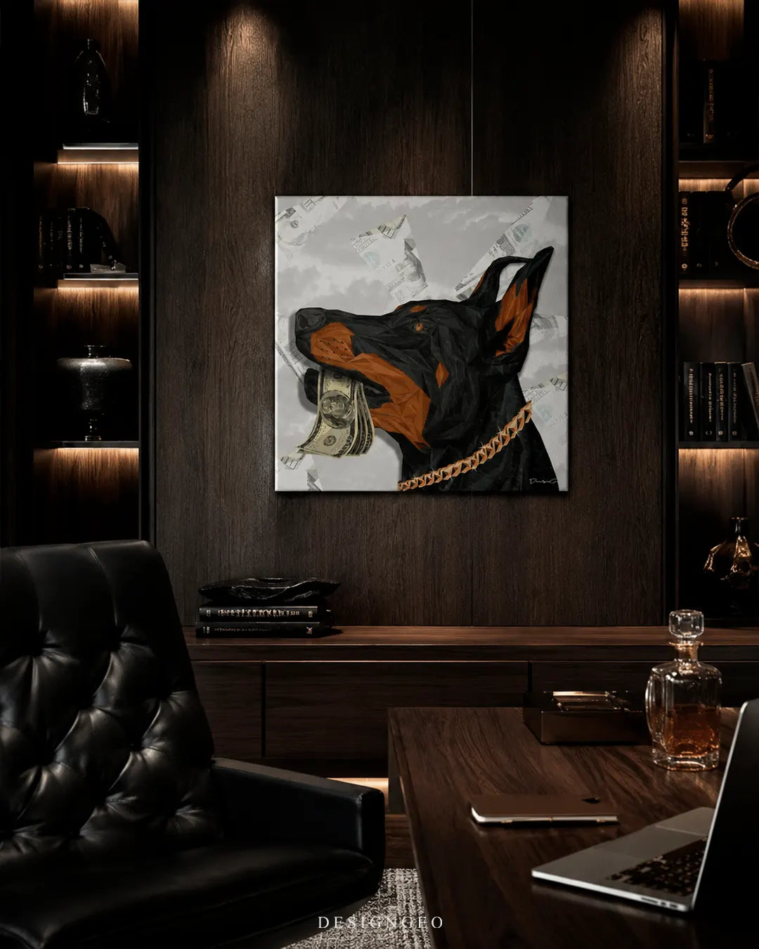 Square Doberman holding dollar bills canvas wall art mounted on a dark wood-paneled wall in a luxury executive office above a wooden desk with a leather chair and glass decanter