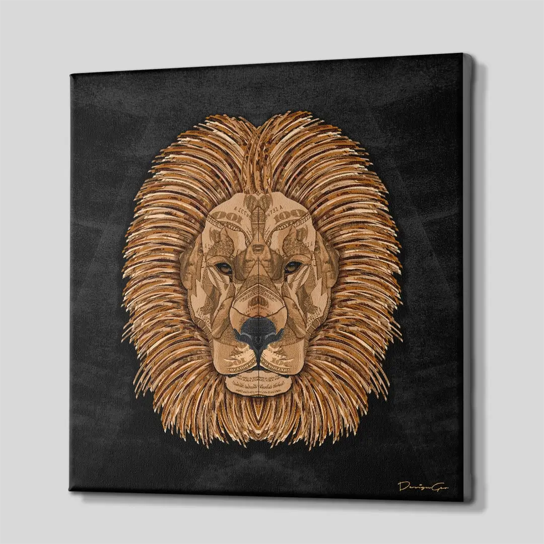 Side angle of the money lion portrait canvas print, highlighting the high-quality gallery wrap finish and the professional 3D frame depth