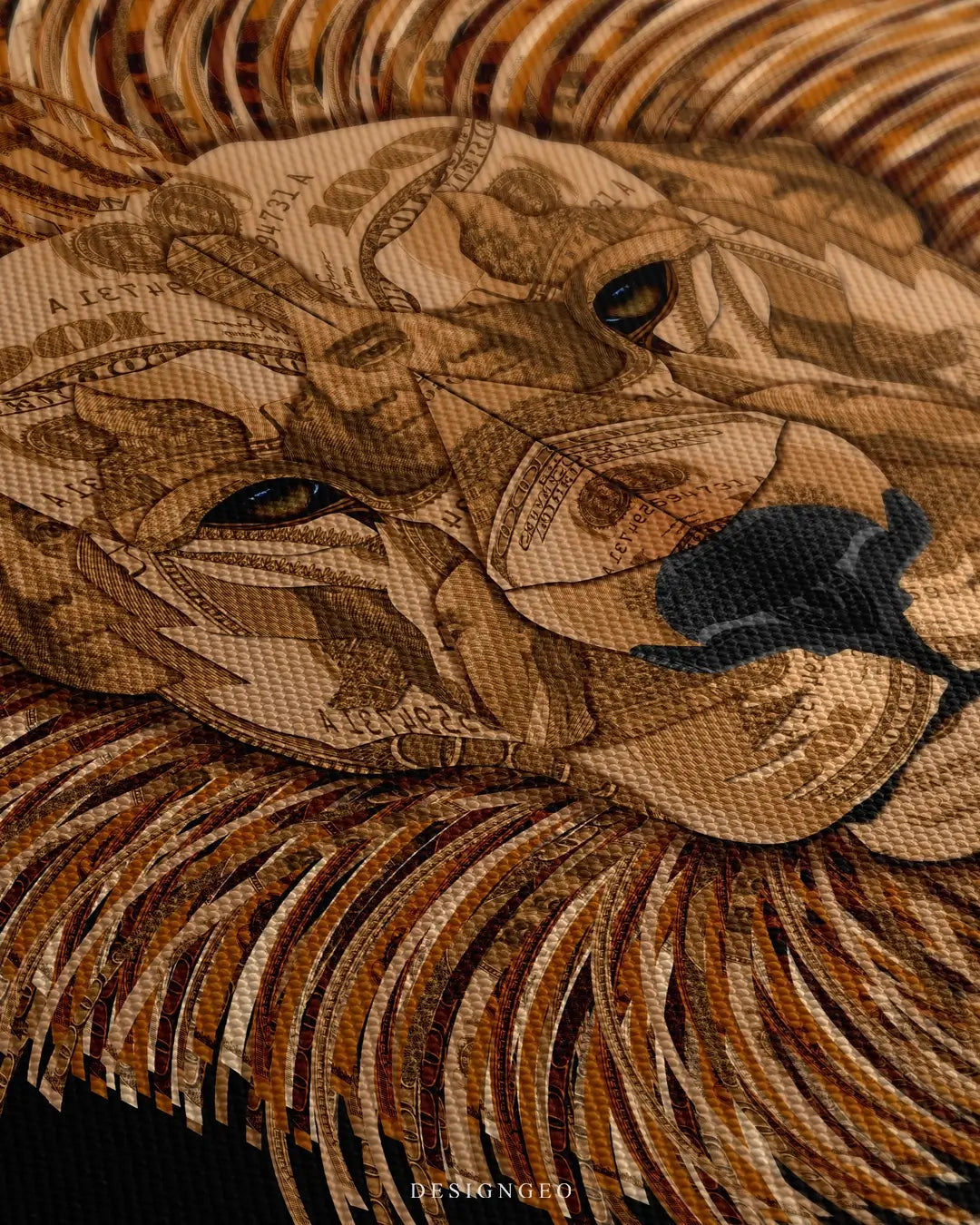Close-up of modern money art featuring a lion with intense eyes and a mane intricately composed of $100 dollar bills on a solid black background