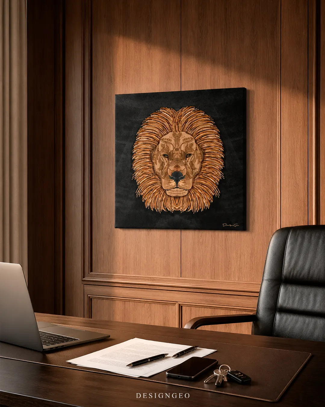Square dollar bill lion portrait canvas wall art mounted on a warm wood-paneled wall in a luxury executive office above a dark wooden desk and leather chair