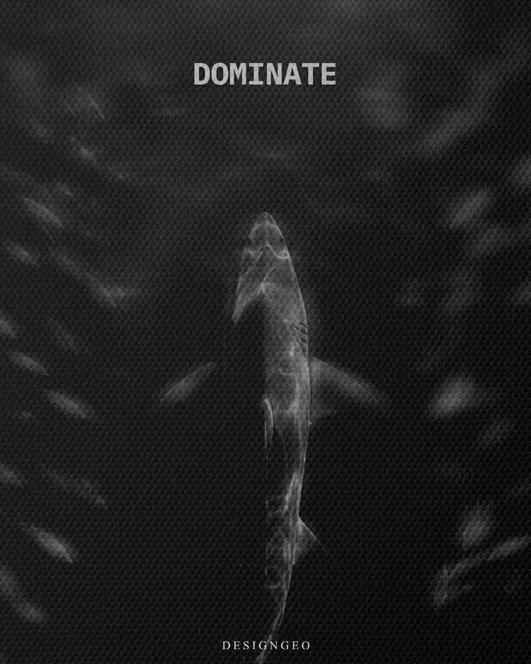 Close up texture view of Dominate typography quote printed on dark woven canvas above great white shark swimming through fish school square canvas wall art 0.75 inch thin wrap