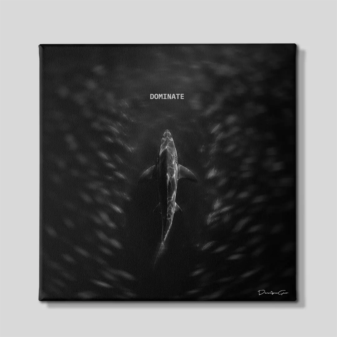 Black and white square motivational canvas wall art featuring a top down view of a great white shark swimming through a scattering school of fish under quote Dominate 0.75 inch thin wrap