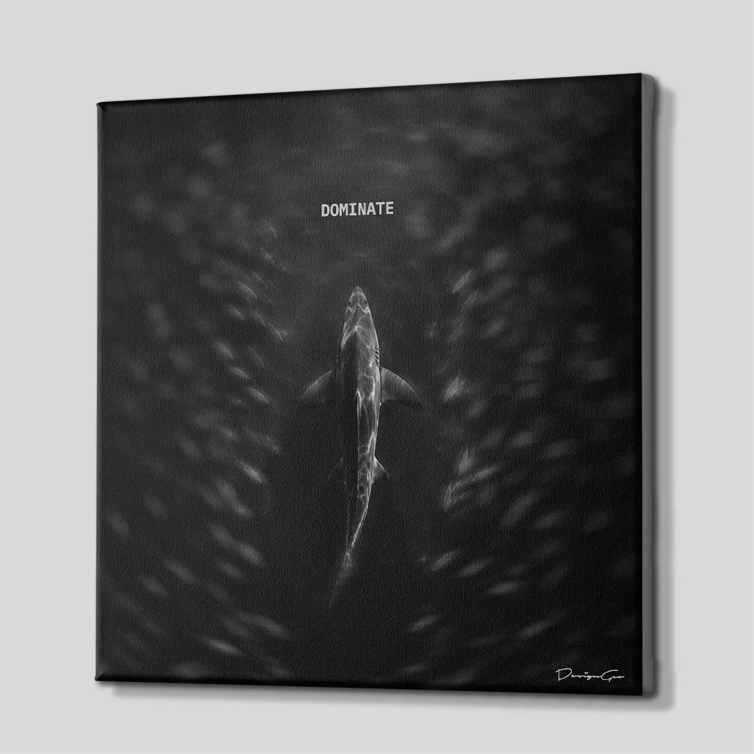 Side perspective view of black and white square canvas art showing ocean predator shark design with black gallery wrapped edge 0.75 inch thin wrap