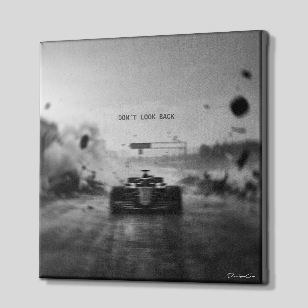 Side perspective view of black and white square canvas art showing Formula 1 race action design with dark gallery wrapped edge 0.75 inch thin wrap