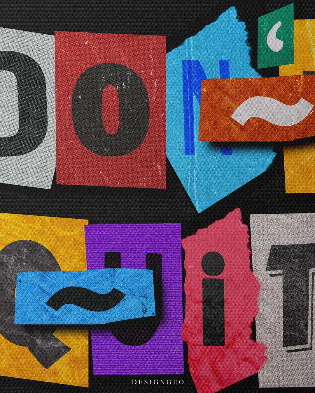 Close-up macro detail shot showing the fine canvas texture, colorful magazine paper cutouts, raw torn paper edges, and bold typography