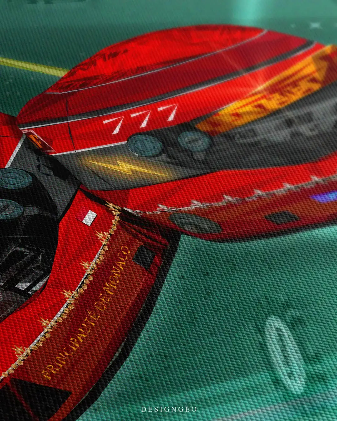 Detailed angled macro view of the premium racing helmet artwork, showcasing the rich woven canvas material texture, bold "777" lettering, and intricate golden lightning accents