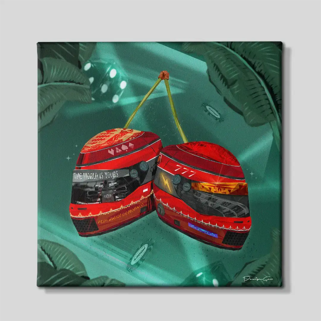 Front view of "Double Down" square canvas print featuring two cherry-shaped red racing helmets suspended over a green casino theme background with palm leaves, ideal for modern bedroom decor