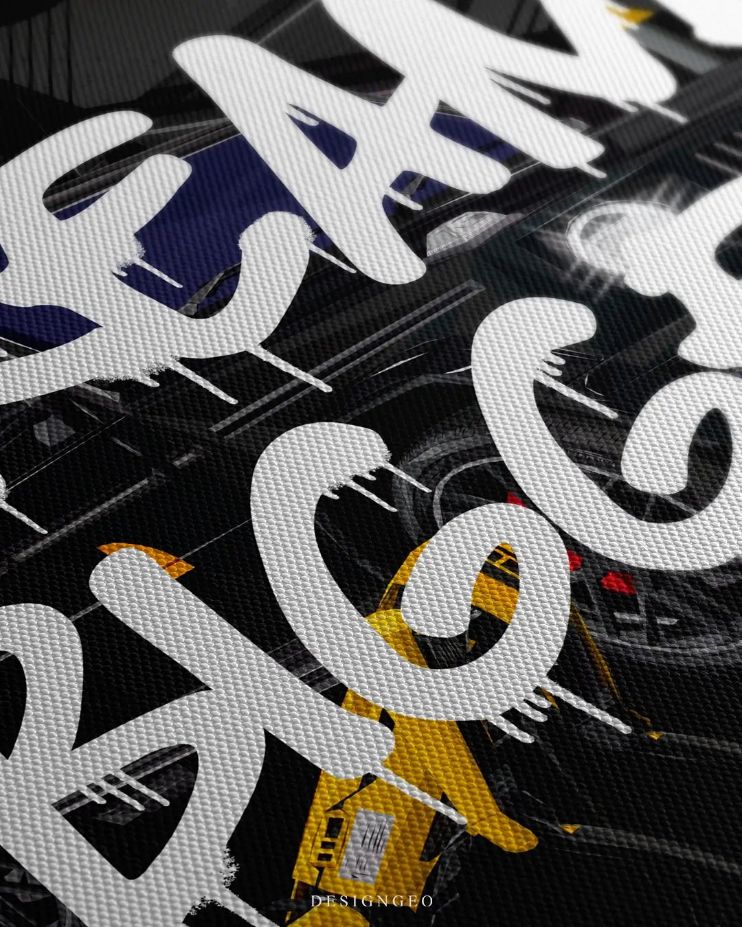 Close-up of luxury wall art featuring a black SUV and a robotic futuristic dog next to the "Dream Bigger" graffiti quote on a solid black background