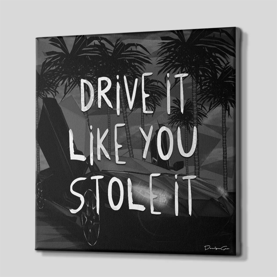 Side perspective view of supercar and palm trees square canvas wall art showing dark gallery wrapped edge 0.75 inch thin wrap