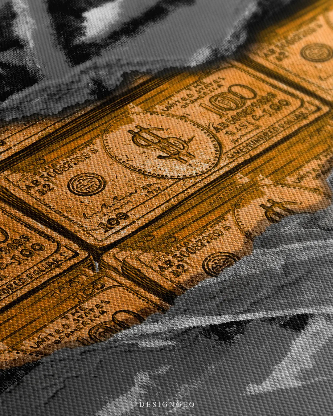 Close-up macro texture detail of Driven by Value canvas wall art showing gold one hundred dollar bill cash stacks revealed under torn black and white exotic sports car print canvas texture for modern office wall decor
