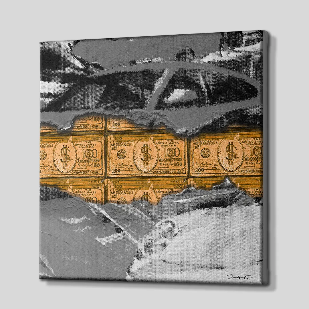 Side angle perspective view of Driven by Value square canvas print showing 0.75 inch thin wrap wooden frame depth with wrapped grey canvas edges for luxury living room and man cave wall decoration