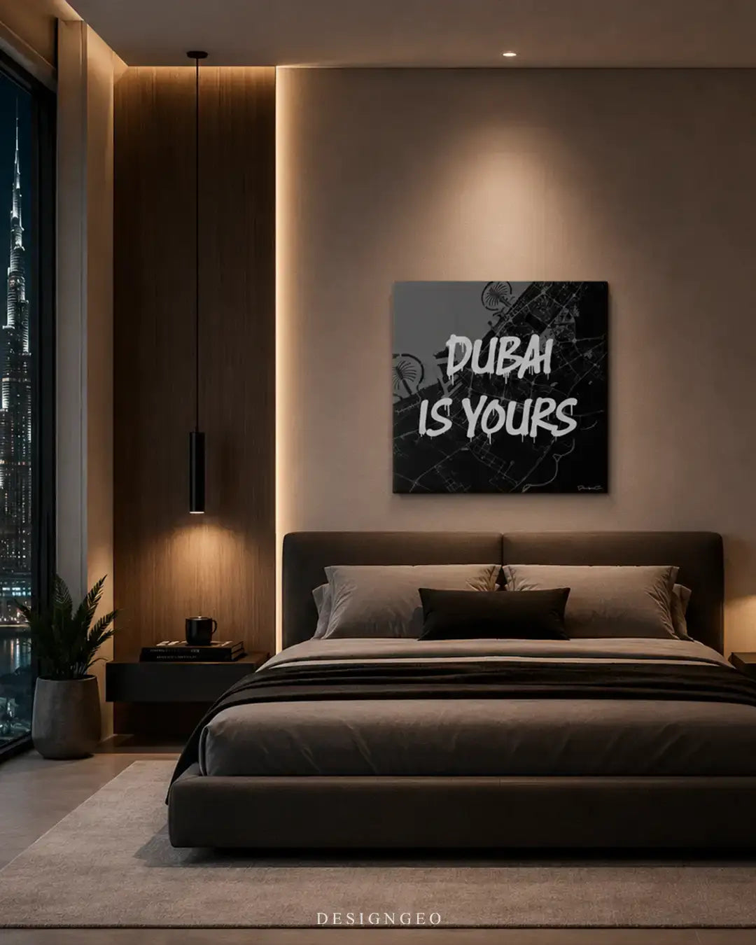 Modern bedroom interior displaying the Dubai map square canvas wall art above a bed, adding a sophisticated metropolitan touch to executive offices or luxury Emirati style livings