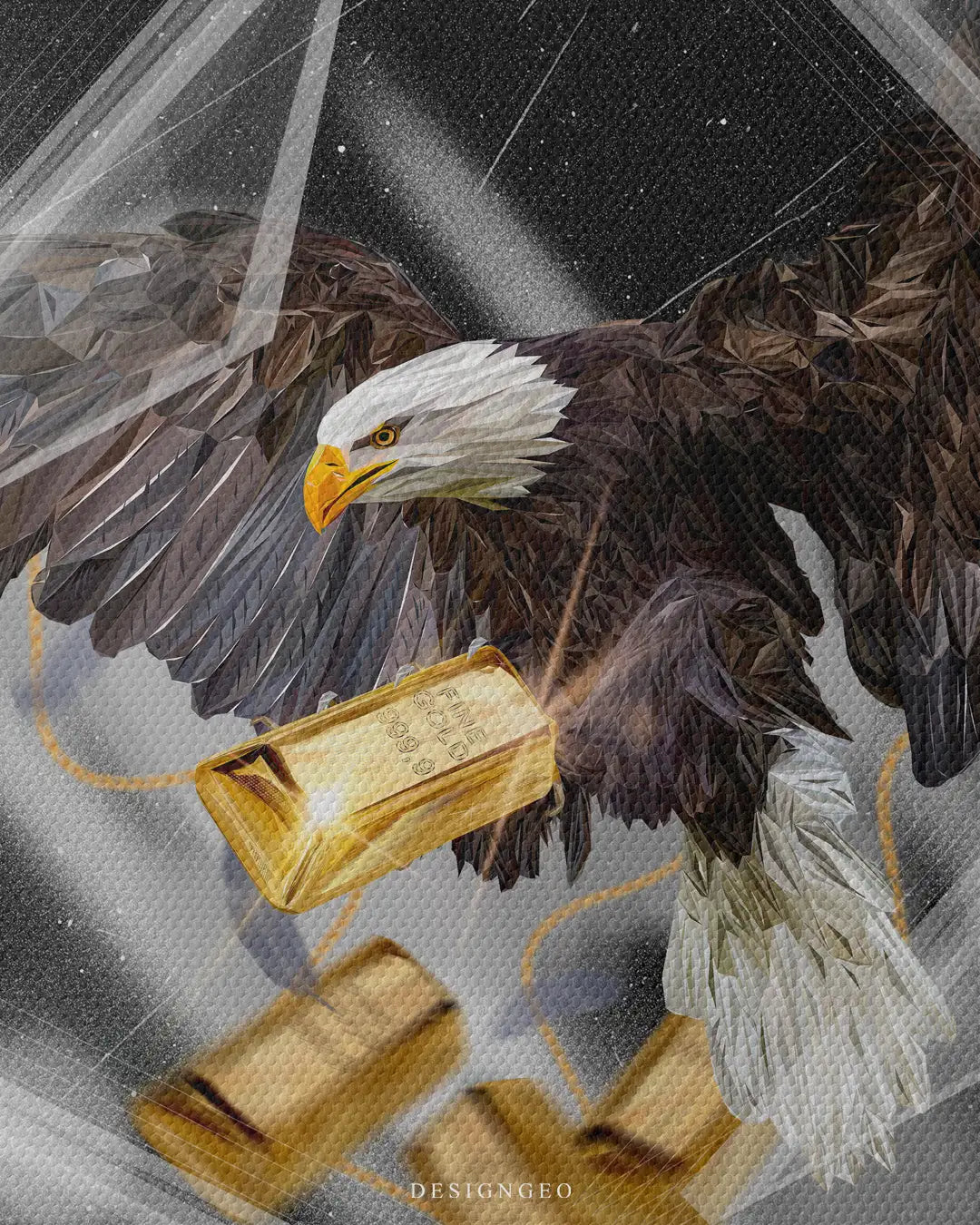 Close-up of modern corporate wall art featuring a majestic flying eagle carrying a shiny gold bullion bar against a solid black background