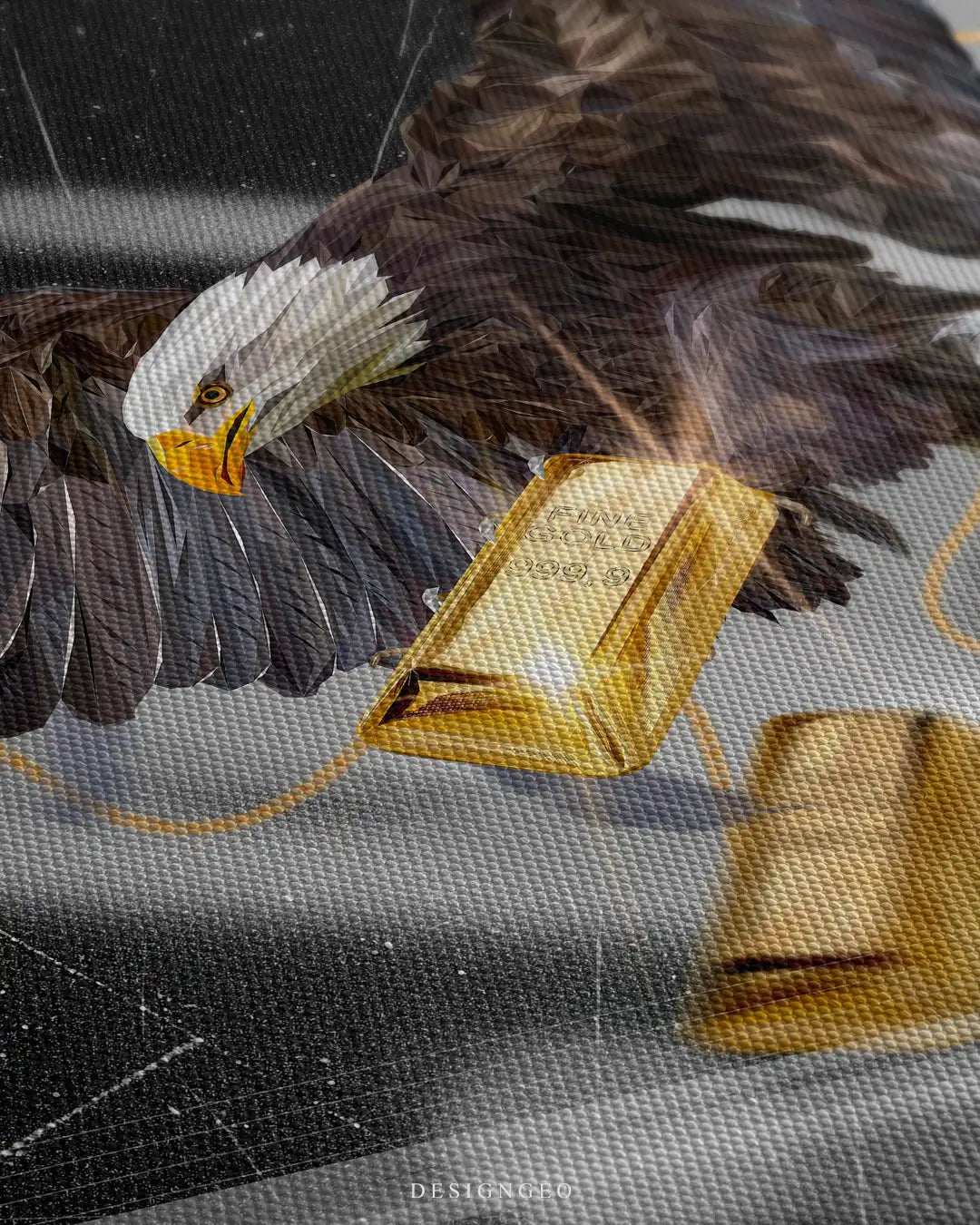 Detailed view of the eagle and gold bar canvas art, showcasing the fine feather textures, metallic reflections, and intense contrast on a premium dark layout