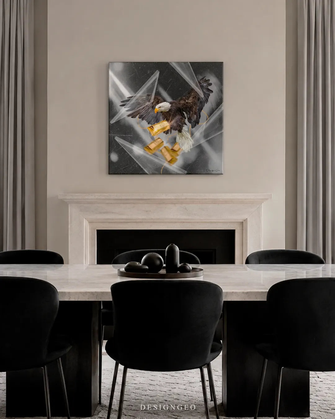 Square eagle with gold bars canvas wall art mounted above a limestone fireplace in a luxurious dining room with a marble table and black velvet chairs