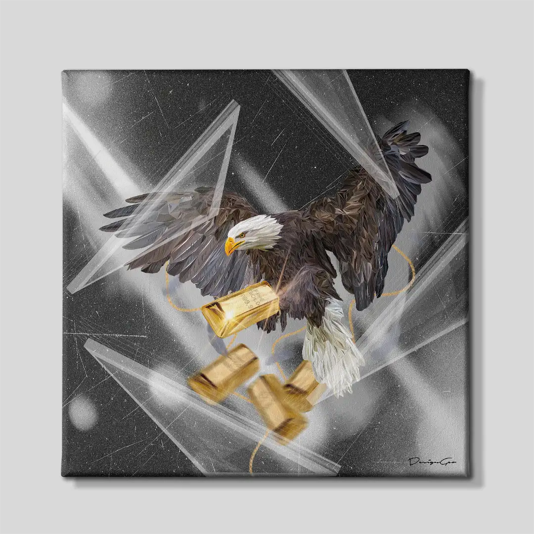 Front view of the luxury flying eagle with gold bullion square canvas wall art, a premium motivational piece designed for modern executive offices and high-end workspaces