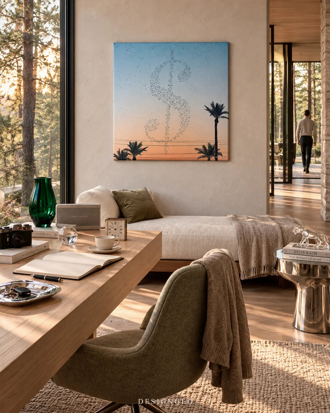 Square canvas print showing birds flying in a dollar symbol formation against a sunset sky hanging on a neutral wall in a modern office above a daybed