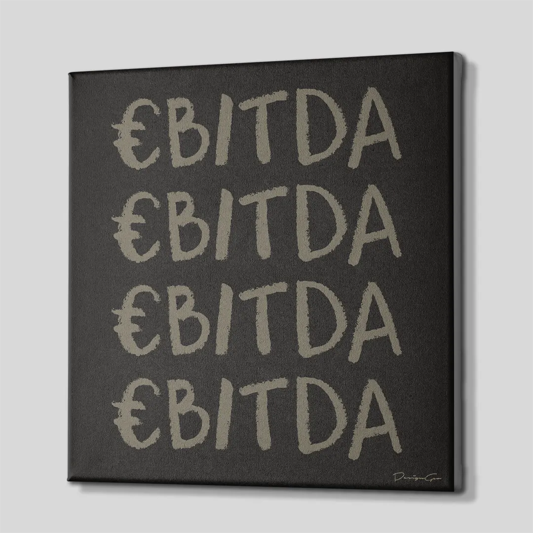 Three-quarter side profile of the square EBITDA financial canvas print, displaying dark charcoal gallery-wrapped edges mounted on a sturdy wooden stretcher frame