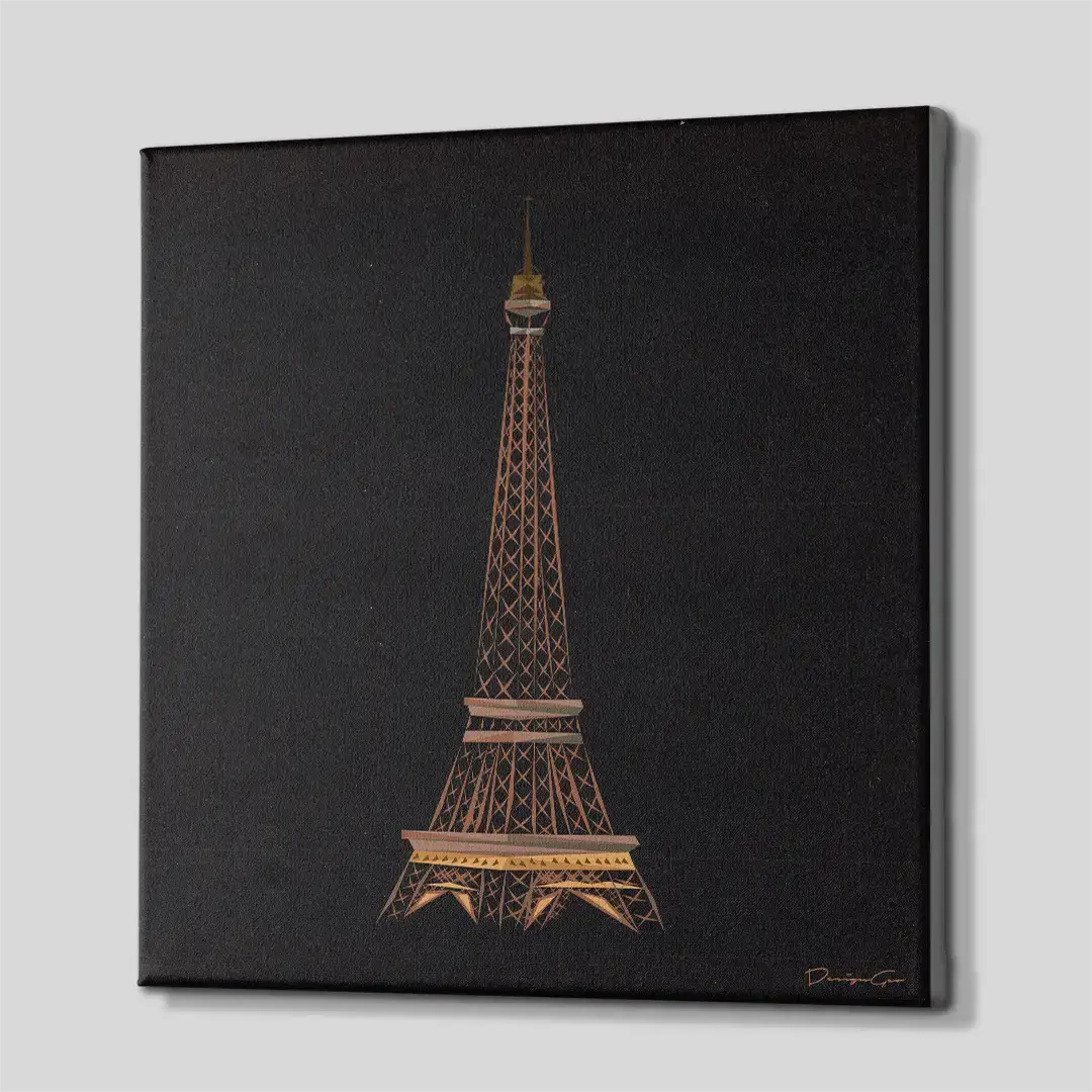 Side perspective of the modern black and bronze Paris Eiffel Tower canvas print, highlighting the premium gallery wrap finish and solid 3D frame depth for luxury walls