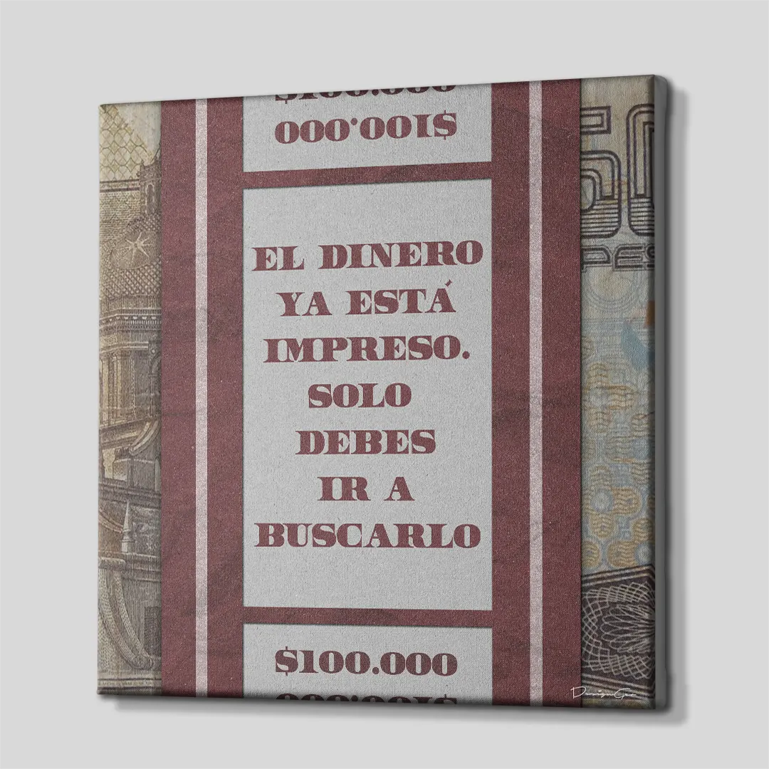 Side perspective view of Mexican pesos money stack square canvas art showing currency stack gallery wrapped edge 0.75 inch thin wrap