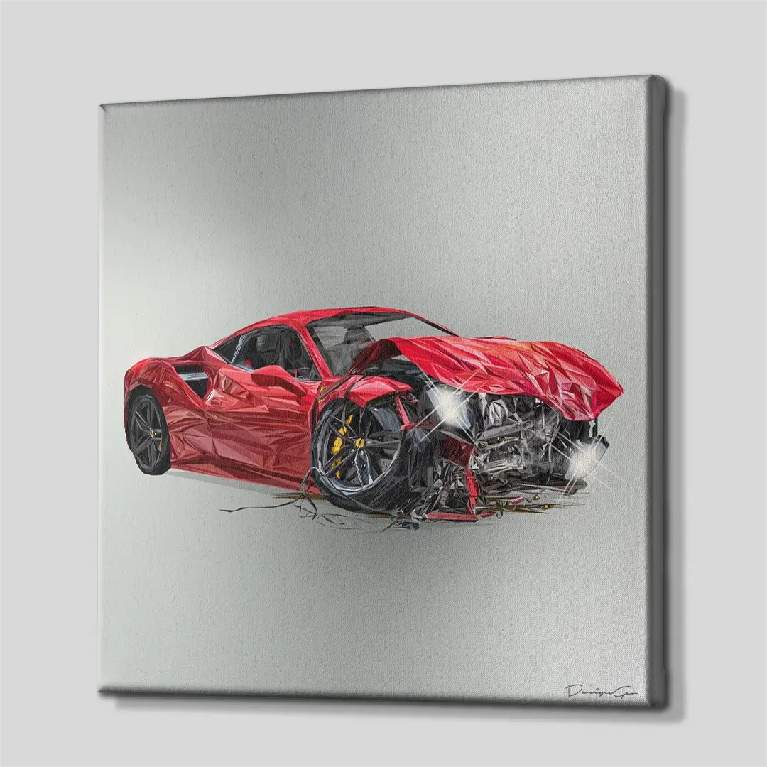Side angle of the luxury car collision motivation canvas print, highlighting the high-quality gallery wrap finish and the professional 3D frame depth