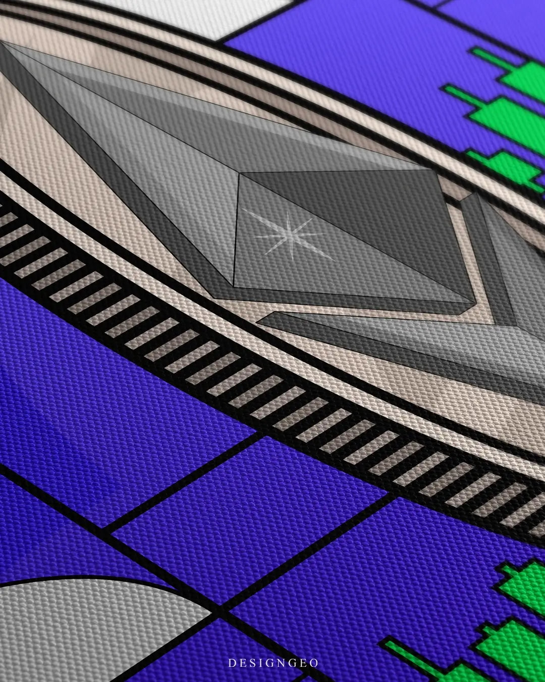 Close-up of modern crypto wall art featuring a silver Ethereum coin symbol surrounded by rising green trading charts on a vibrant violet background