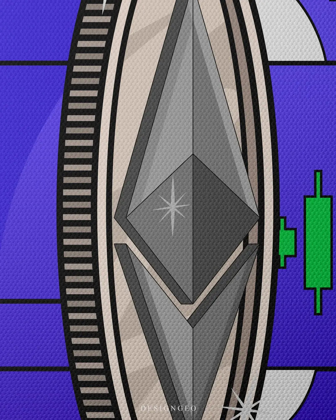 Artistic canvas illustration of a silver Ethereum logo floating over bullish green candles, symbolizing blockchain innovation and market success in a pop art style