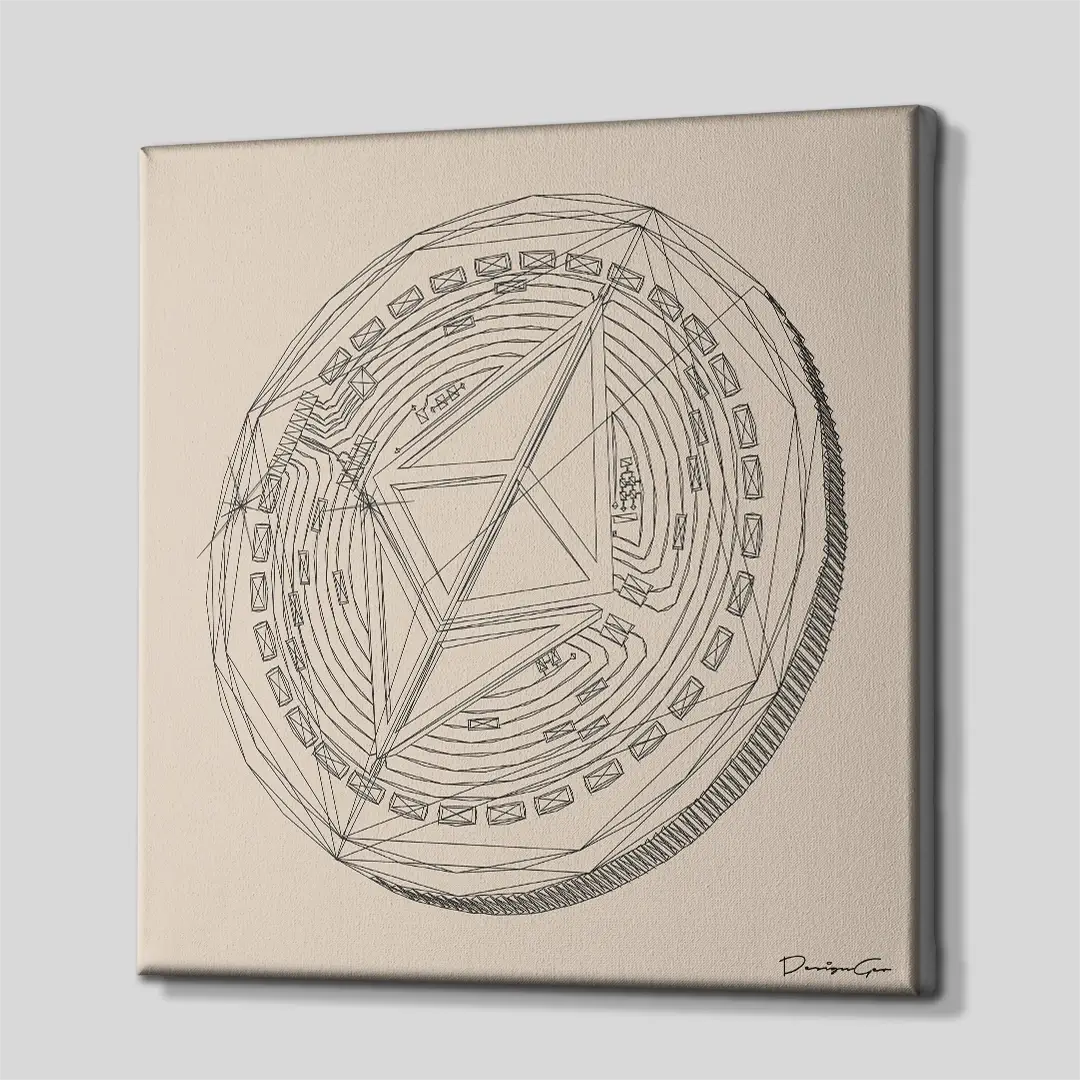 Side angle of the black line Ethereum coin canvas print, highlighting the high-quality gallery wrap finish and the professional 3D depth of the wooden frame