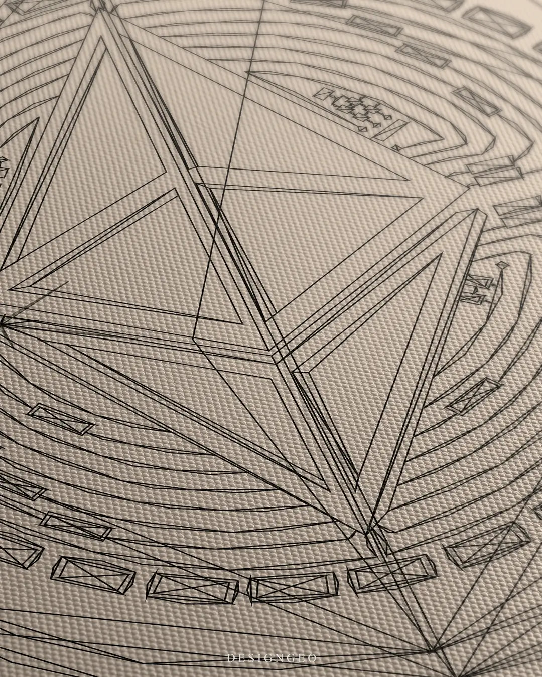 Close-up of minimalist Ethereum wall art featuring the ETH diamond logo and coin circuit details in clean black lines on a neutral beige background