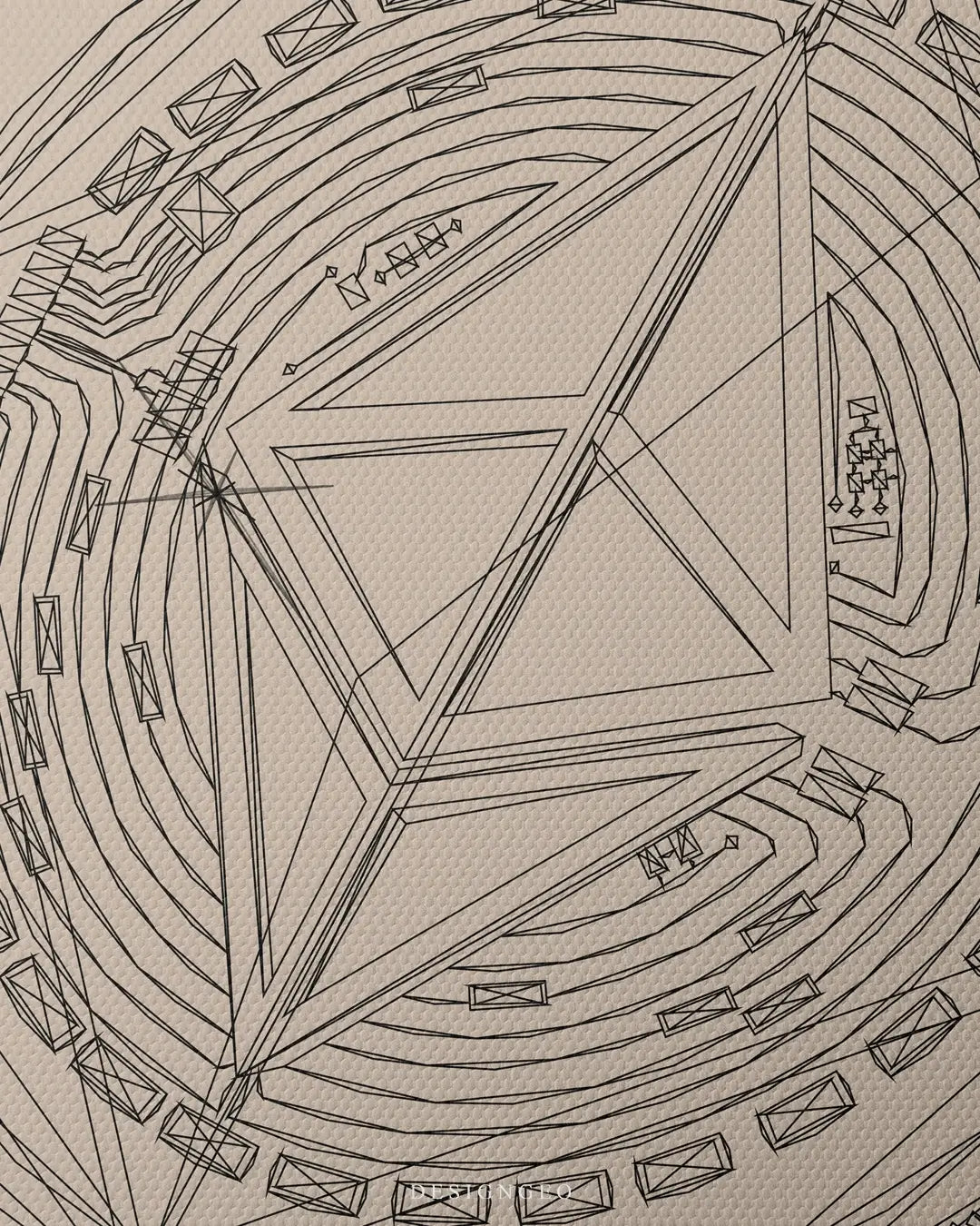 Artistic canvas illustration of an Ethereum coin drawn with precise black geometric lines, symbolizing decentralized finance and tech innovation in a modern minimalist style