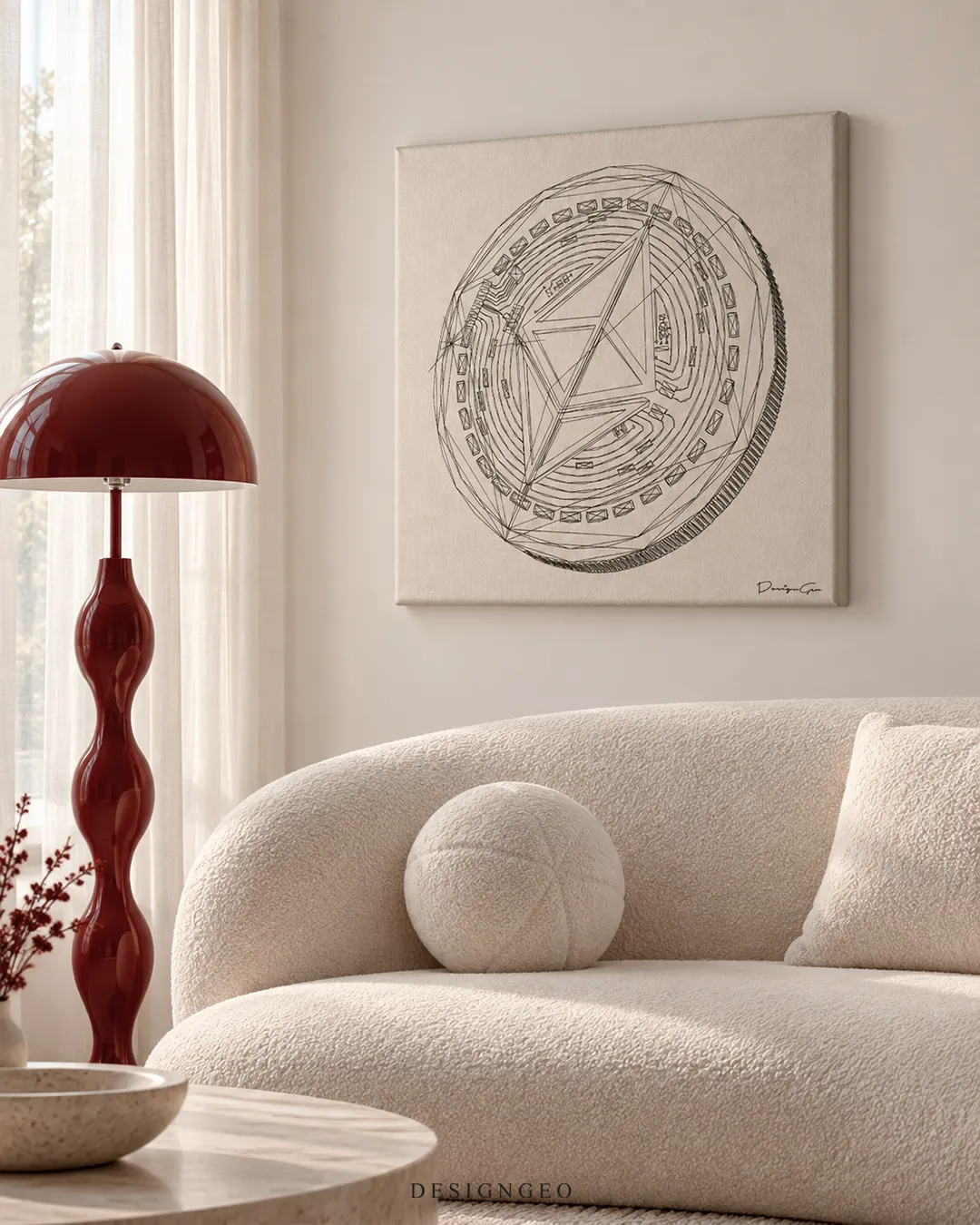 Square cream canvas print featuring a black technical line art sketch of an Ethereum coin mounted on a beige wall in a minimalist living room above a cream bouclé curved sofa and next to a glossy red floor lamp