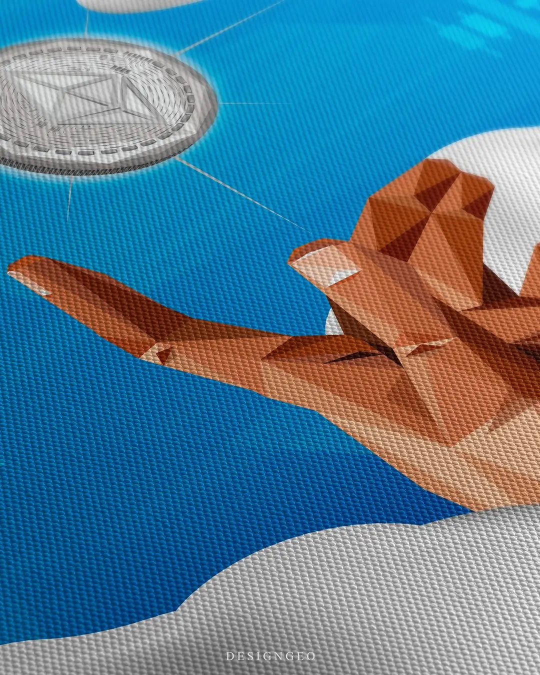 Close-up of modern crypto wall art featuring a human hand reaching out to touch a glowing geometric Ethereum symbol with vibrant light effects