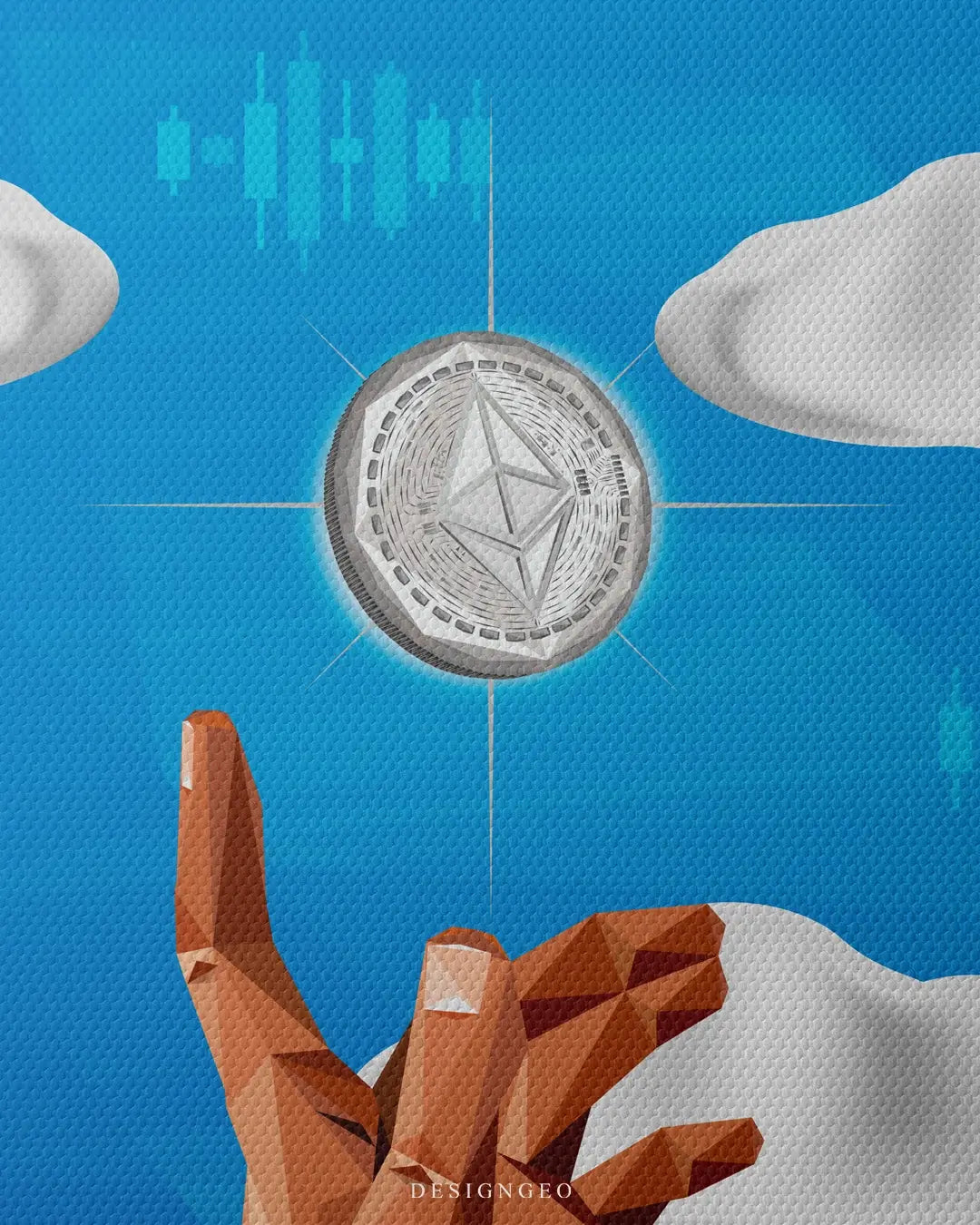 Full canvas illustration inspired by "The Creation of Adam," showing the moment of connection between a hand and the Ethereum logo, symbolizing innovation and digital finance