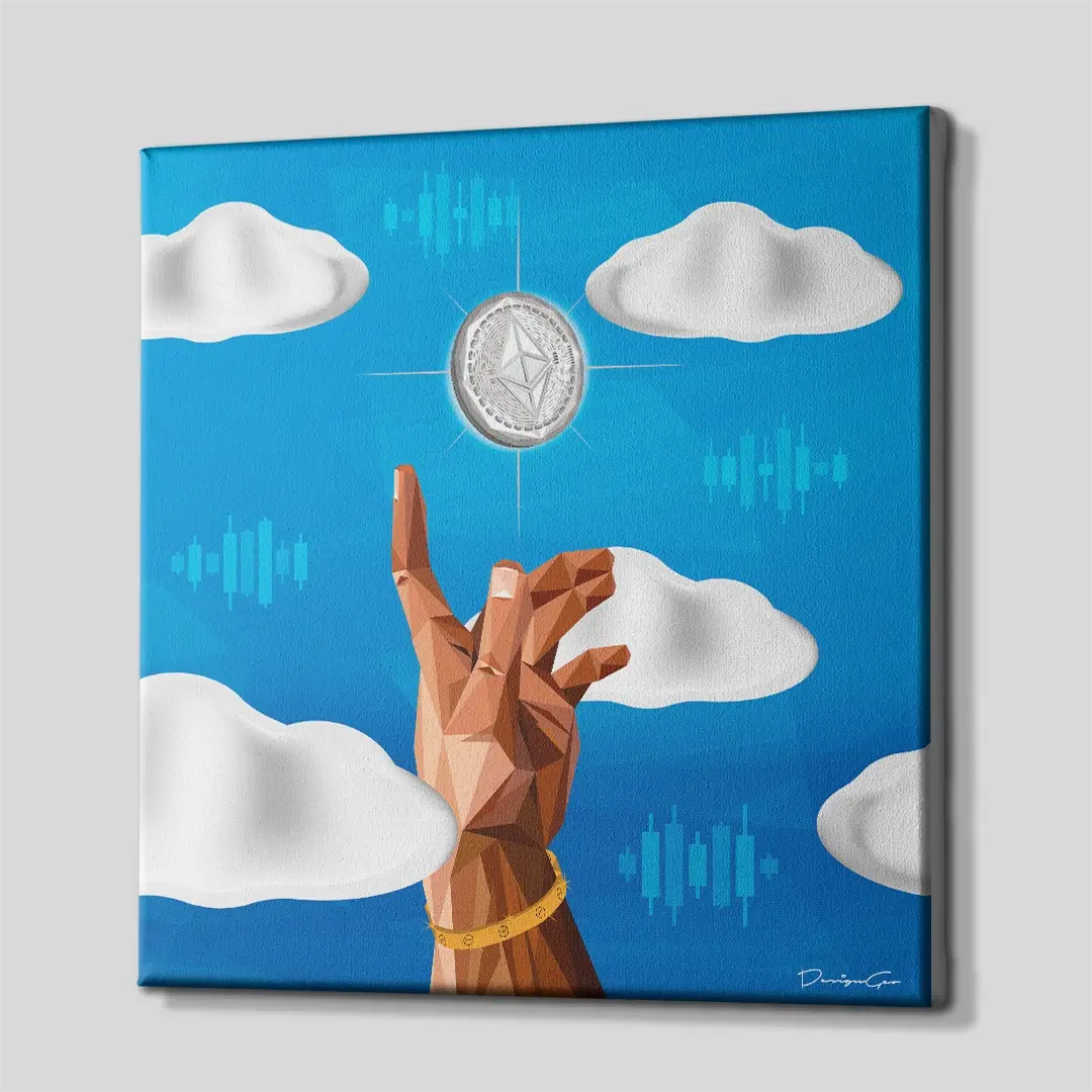 Side angle of the modern Ethereum creation hand canvas print, highlighting the high-quality gallery wrap finish and professional 3D frame depth