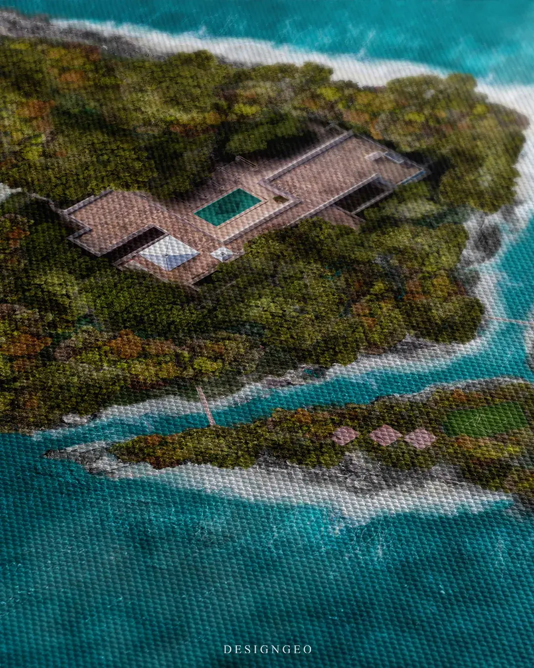 Close-up side view of a canvas wall art featuring an island shaped like the Ethereum logo, showing the vibrant tropical colors and textured fabric surface